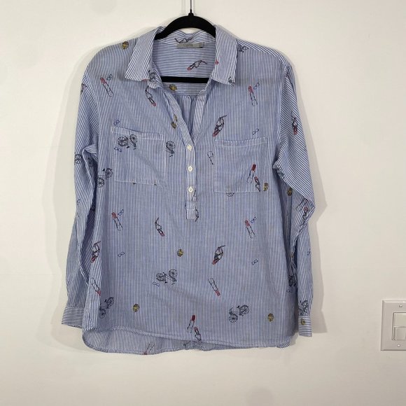 Dalia Tops - Dalia Collection Shirt Button Down Long Sleeve White and Blue Pin Stripe, Size L
